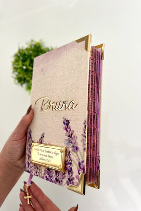 Combo Bíblia Média Lírio em Linho + placa pequena + Cartela de índice